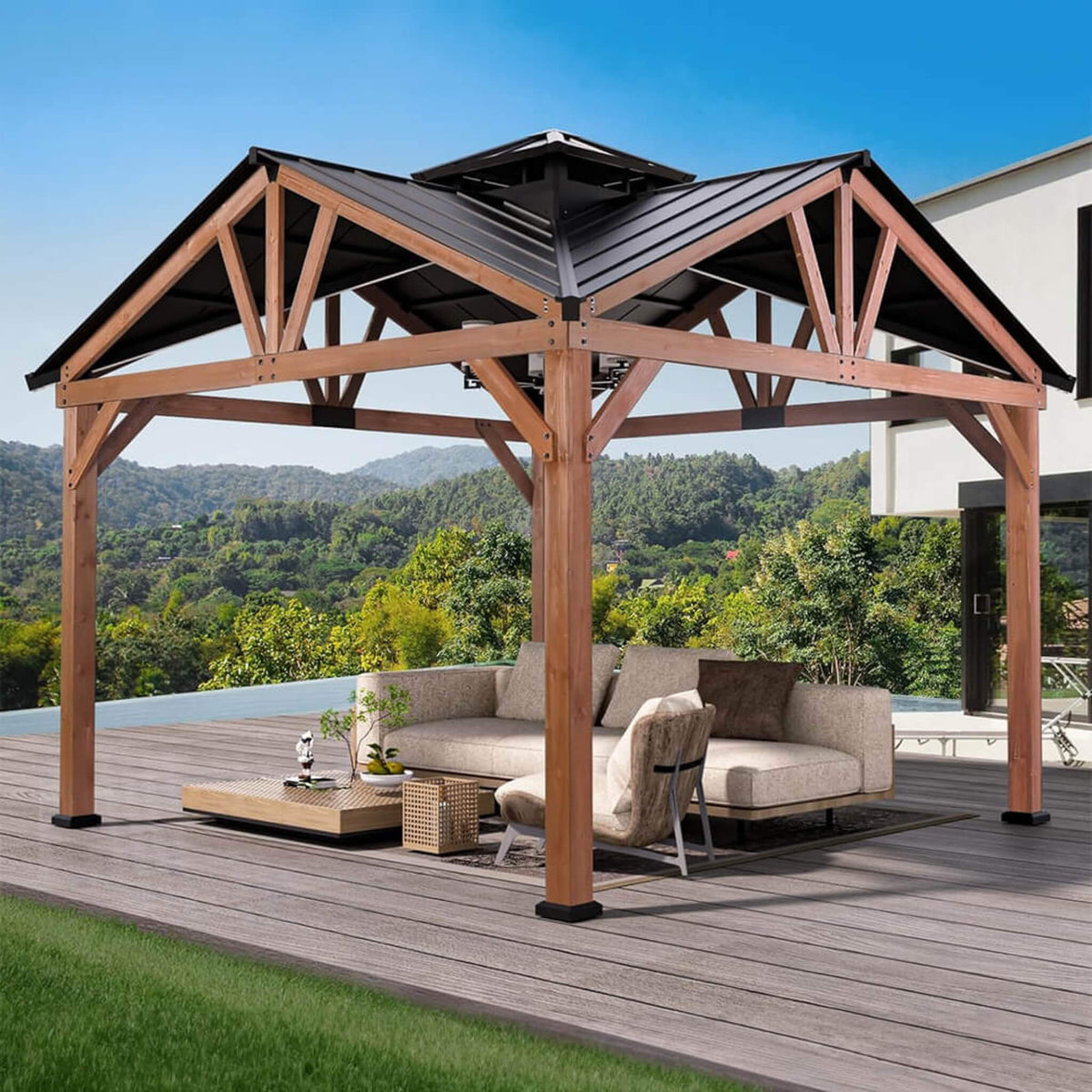 Alora 12x12 Premium Cedar Wood Hardtop Gazebo with Galvanized Steel Roof
