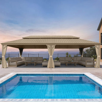 14x28 Ft Extra-Large Hardtop Gazebo with Galvanized Steel Double Roof, Curtains and Netting