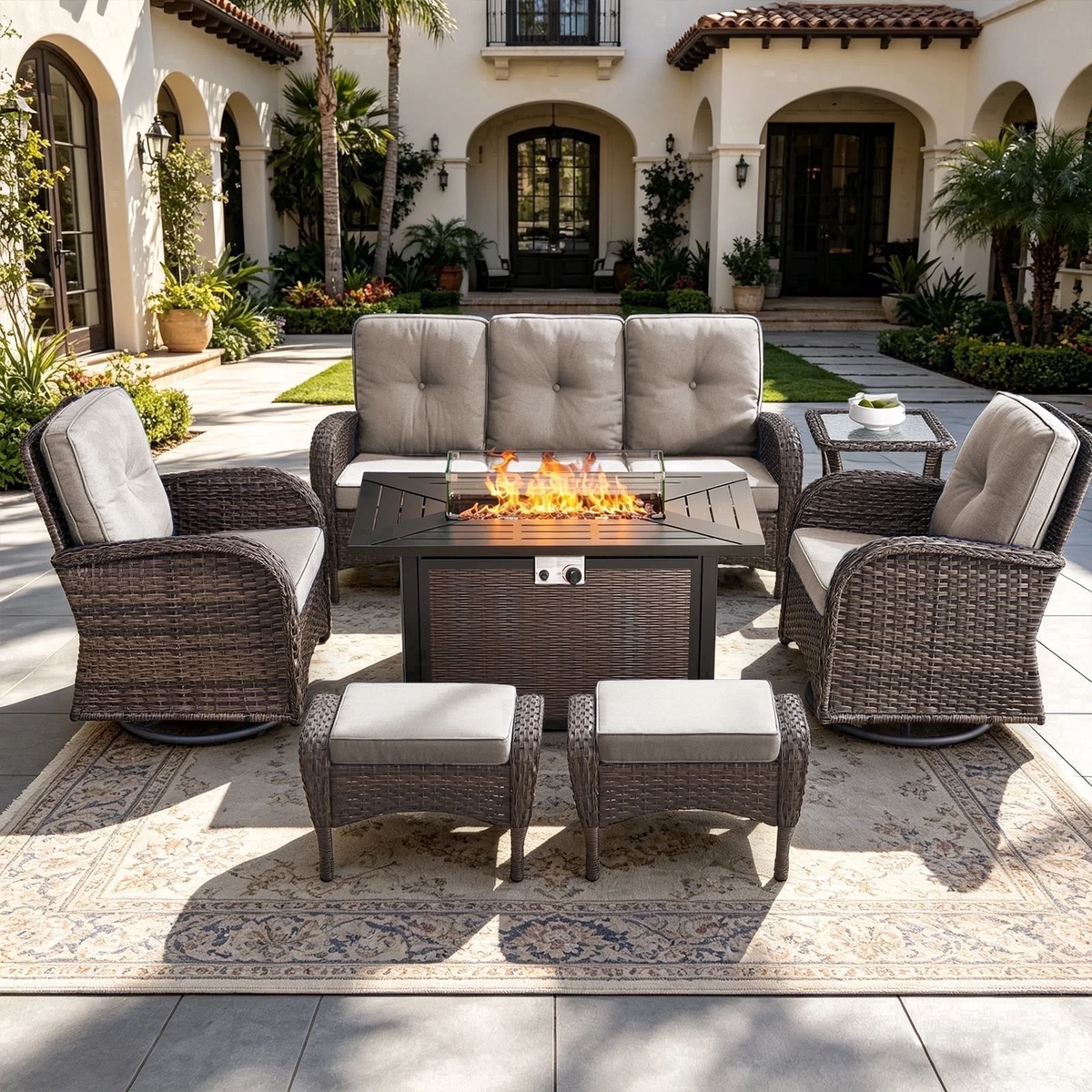 7-Piece Outdoor Wicker Lounge Set with Propane Fire Pit Table — Brown & Beige