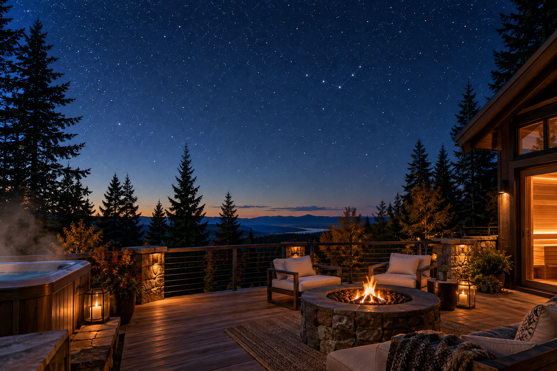 Starry autumn sky above a warmly lit backyard deck and sauna at night