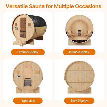 Outdoor Traditional Barrel Sauna | 4-6 Person Wood Sauna, Steam and Wet Sauna with 220V with 6KW Electric Heater, Sauna Stone