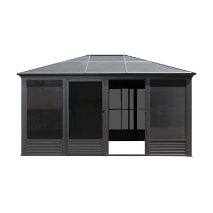 [11X14FT] Meridian Premium Four Season Outdoor Aluminum Hardtop Gazebo Sunroom With Galvanized Steel Roof, Sliding Doors And Movable PVC Screen Walls (SAK88776)