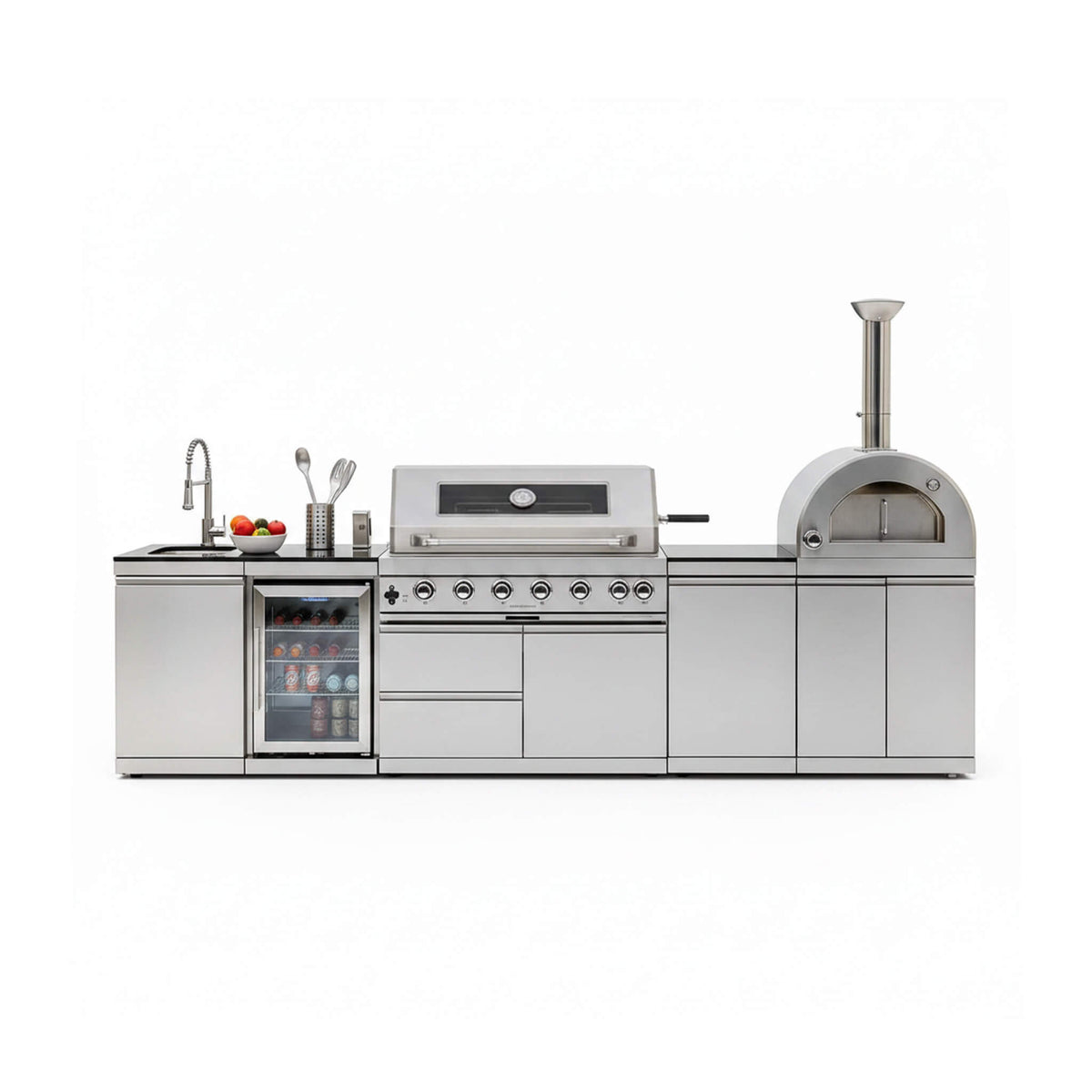 Blazon 128-Inch 6-Burner 120K BTU Outdoor Kitchen Island with Pizza Oven, Rotisserie and Refrigerator
