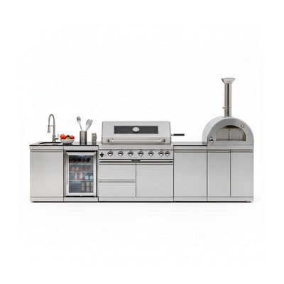 Blazon 128-Inch 6-Burner 120K BTU Outdoor Kitchen Island with Pizza Oven, Rotisserie and Refrigerator