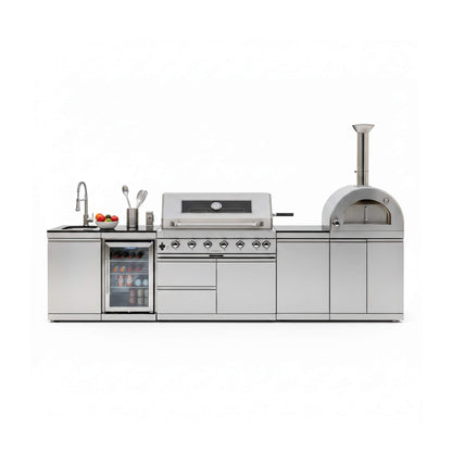 Blazon 128-Inch 6-Burner 120K BTU Outdoor Kitchen Island with Pizza Oven, Rotisserie and Refrigerator