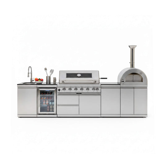 Blazon 128-Inch 6-Burner 120K BTU Outdoor Kitchen Island with Pizza Oven, Rotisserie and Refrigerator