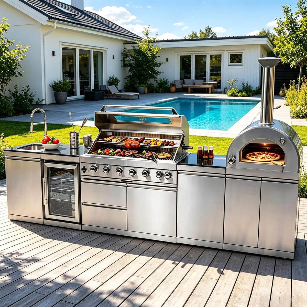 Blazon 128-Inch 6-Burner 120K BTU Outdoor Kitchen Island with Pizza Oven, Rotisserie and Refrigerator