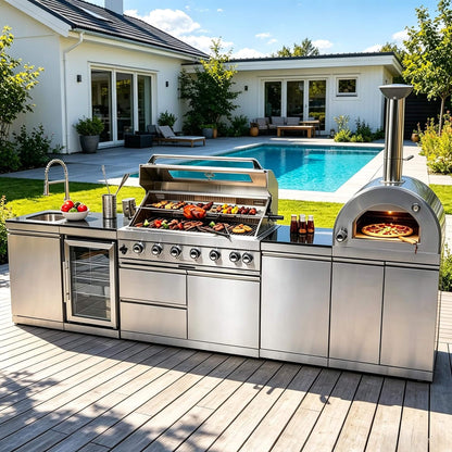 Blazon 128-Inch 6-Burner 120K BTU Outdoor Kitchen Island with Pizza Oven, Rotisserie and Refrigerator