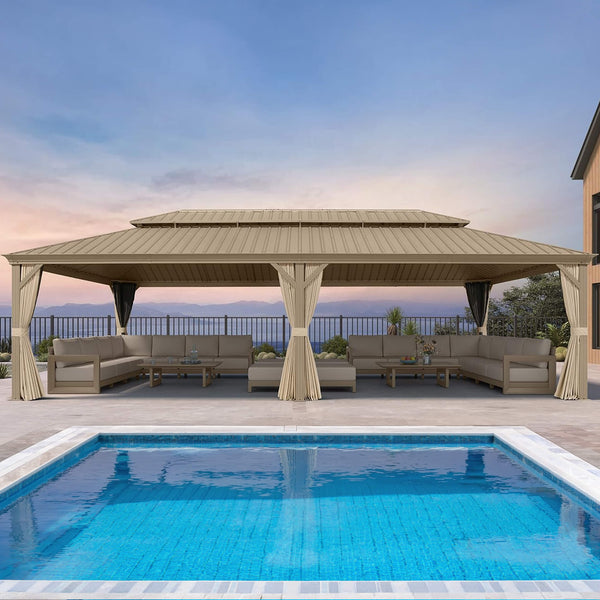 14x28 Ft Extra-Large Hardtop Gazebo with Galvanized Steel Double Roof, Curtains and Netting