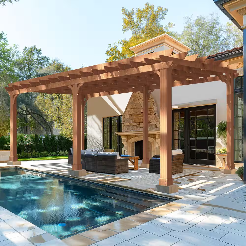 20 Ft. W X 12 Ft. D Cedar Wood Patio Pergola Shade Structure for Outdoor, Brown