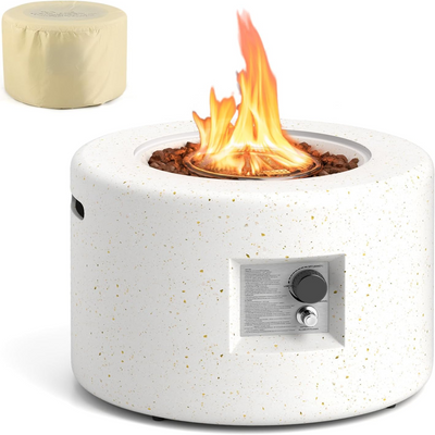 Propane Fire Pit, 25.5” round Terrazzo Gas Fire Pit with Stainless Steel Burner & Lava Rocks, Protective Cover & Tank Seat Included, 40,000 BTU Smokeless Fire Pit for outside Patio