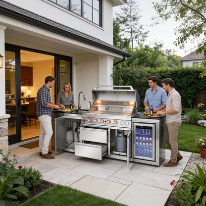 Outdoor Kitchen Island 82.5-Inch 6-Burner Propane Gas BBQ Grill with Refrigerator