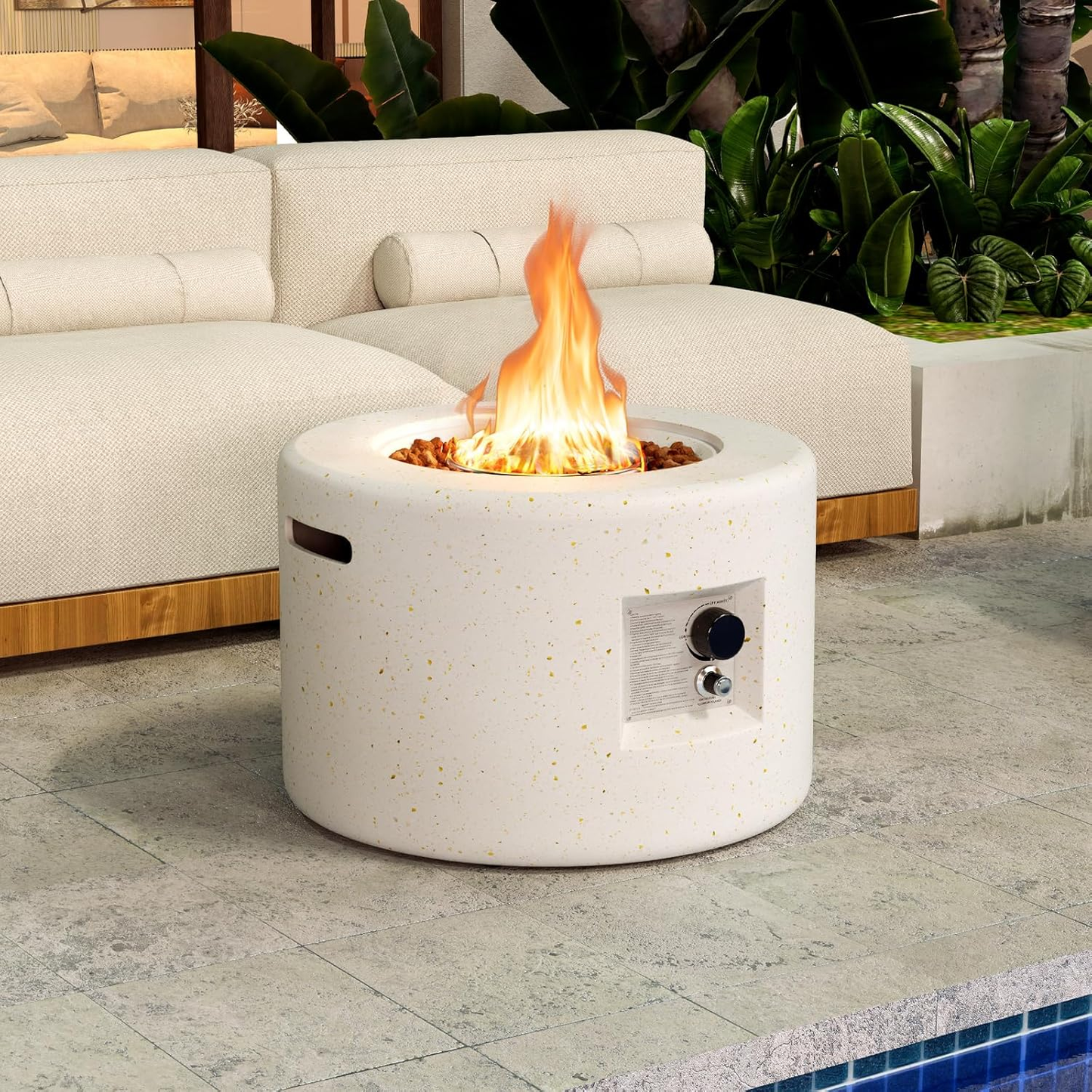 Propane Fire Pit, 25.5” round Terrazzo Gas Fire Pit with Stainless Steel Burner & Lava Rocks, Protective Cover & Tank Seat Included, 40,000 BTU Smokeless Fire Pit for outside Patio