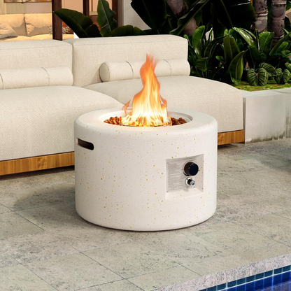 Propane Fire Pit, 25.5” round Terrazzo Gas Fire Pit with Stainless Steel Burner & Lava Rocks, Protective Cover & Tank Seat Included, 40,000 BTU Smokeless Fire Pit for outside Patio