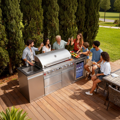 Outdoor Kitchen Island 82.5-Inch 6-Burner Propane Gas BBQ Grill with Refrigerator