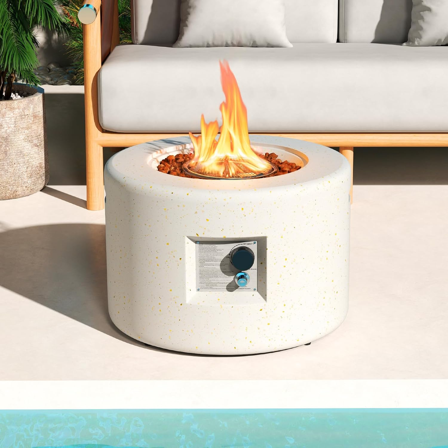 Propane Fire Pit, 25.5” round Terrazzo Gas Fire Pit with Stainless Steel Burner & Lava Rocks, Protective Cover & Tank Seat Included, 40,000 BTU Smokeless Fire Pit for outside Patio