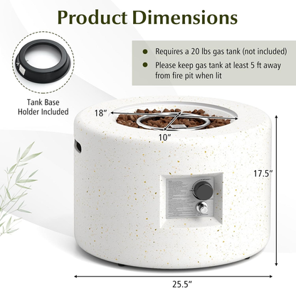 Propane Fire Pit, 25.5” round Terrazzo Gas Fire Pit with Stainless Steel Burner & Lava Rocks, Protective Cover & Tank Seat Included, 40,000 BTU Smokeless Fire Pit for outside Patio