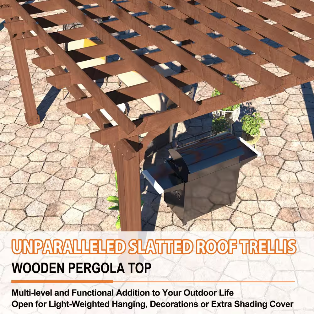 20 Ft. W X 12 Ft. D Cedar Wood Patio Pergola Shade Structure for Outdoor, Brown