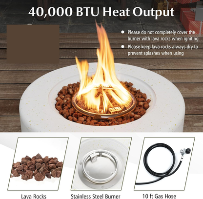 Propane Fire Pit, 25.5” round Terrazzo Gas Fire Pit with Stainless Steel Burner & Lava Rocks, Protective Cover & Tank Seat Included, 40,000 BTU Smokeless Fire Pit for outside Patio