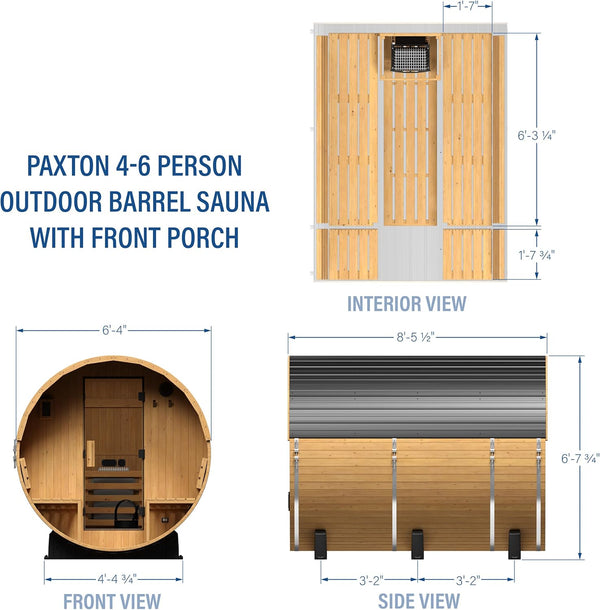 Paxton 4-6 Person Traditional Cedar Outdoor Barrel Sauna with Electric Sauna Heater, Front Porch, Sauna Rocks, Dry Heat, Steam Sauna, LED Lights, Wi-Fi Panel, Sauna Accessories