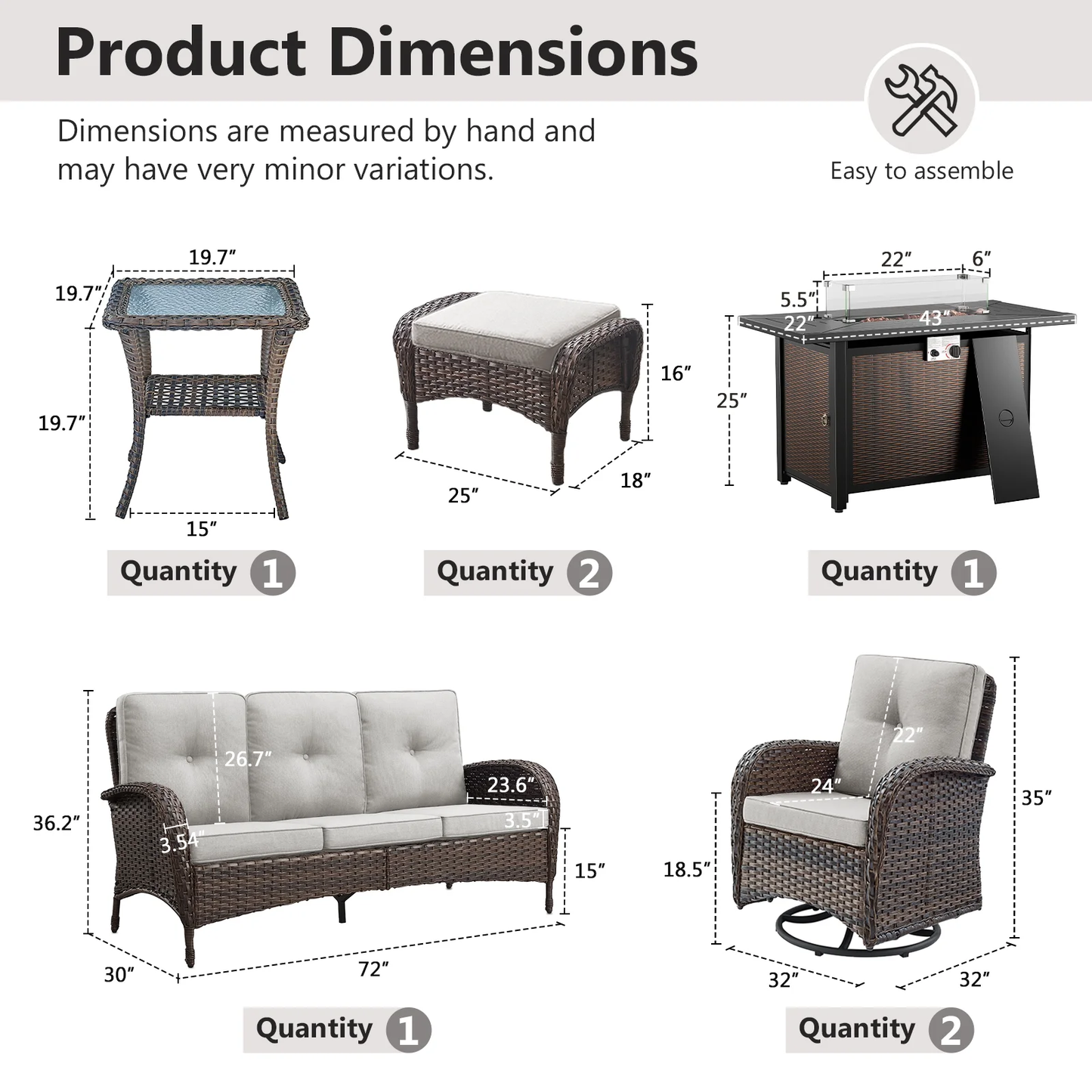 7 Piece Outdoor Patio Furniture Set, Patio Furniture Set with Fire Pit Table Rattan Wicker Patio Furniture Set, Brown Wicker & Beige Cushion