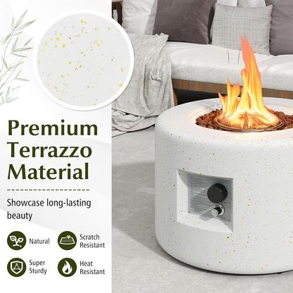 Propane Fire Pit, 25.5” round Terrazzo Gas Fire Pit with Stainless Steel Burner & Lava Rocks, Protective Cover & Tank Seat Included, 40,000 BTU Smokeless Fire Pit for outside Patio
