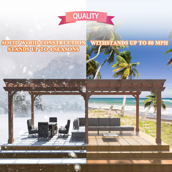 20 Ft. W X 12 Ft. D Cedar Wood Patio Pergola Shade Structure for Outdoor, Brown