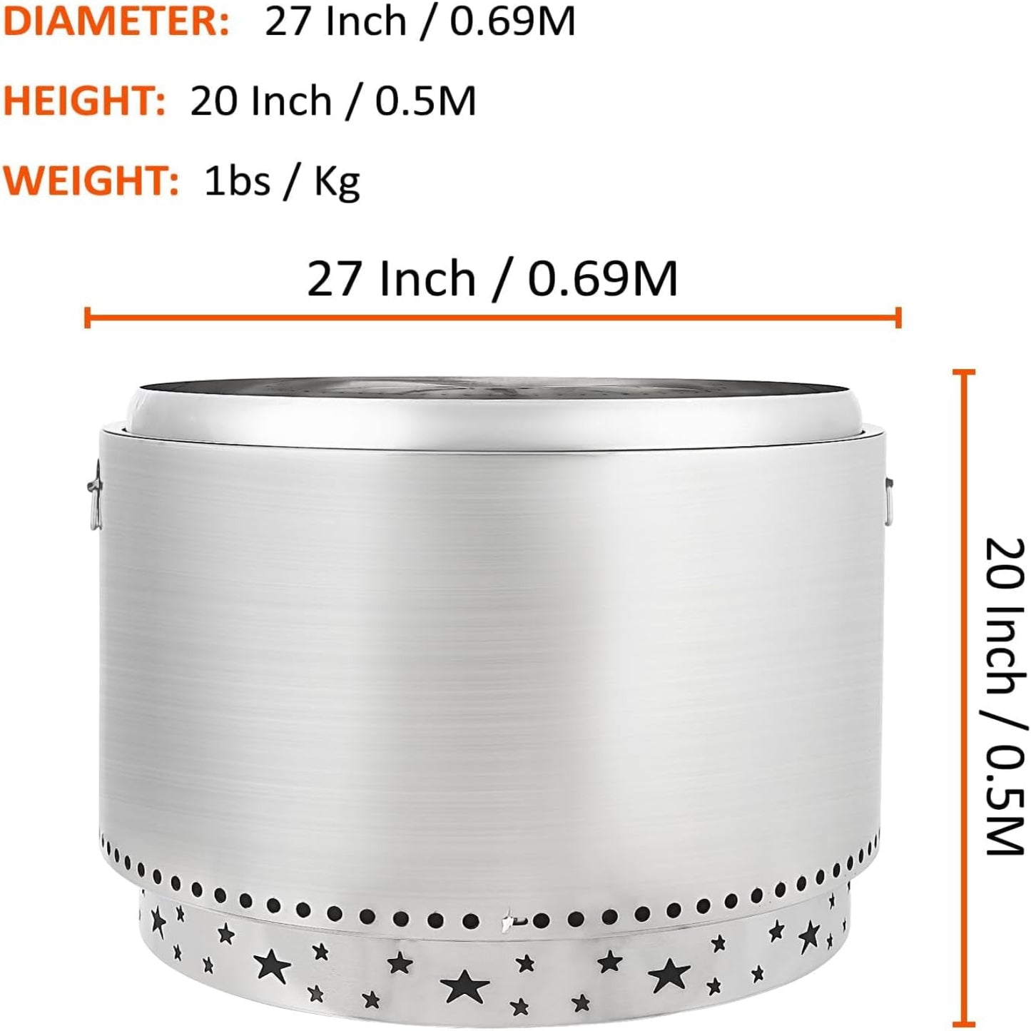 27 Inch Smokeless Fire Pit, Stainless Steel Wood Burning Fire Pits with Removable Stand and Ash Pan, Portable Bonfire Pit with Handle, Outdoor Fire Pit for Camping, Picnic and Family Gathering