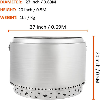 27 Inch Smokeless Fire Pit, Stainless Steel Wood Burning Fire Pits with Removable Stand and Ash Pan, Portable Bonfire Pit with Handle, Outdoor Fire Pit for Camping, Picnic and Family Gathering