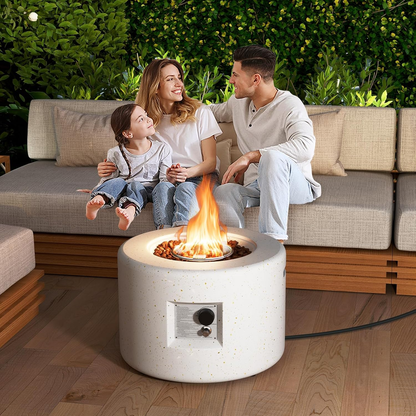 Propane Fire Pit, 25.5” round Terrazzo Gas Fire Pit with Stainless Steel Burner & Lava Rocks, Protective Cover & Tank Seat Included, 40,000 BTU Smokeless Fire Pit for outside Patio