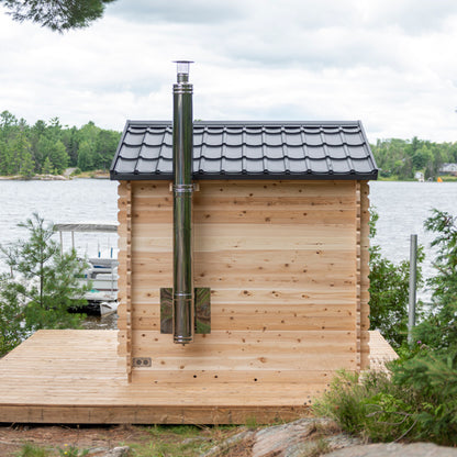 CT Georgian Cabin Sauna — front view showing glass door and windows with lake in background