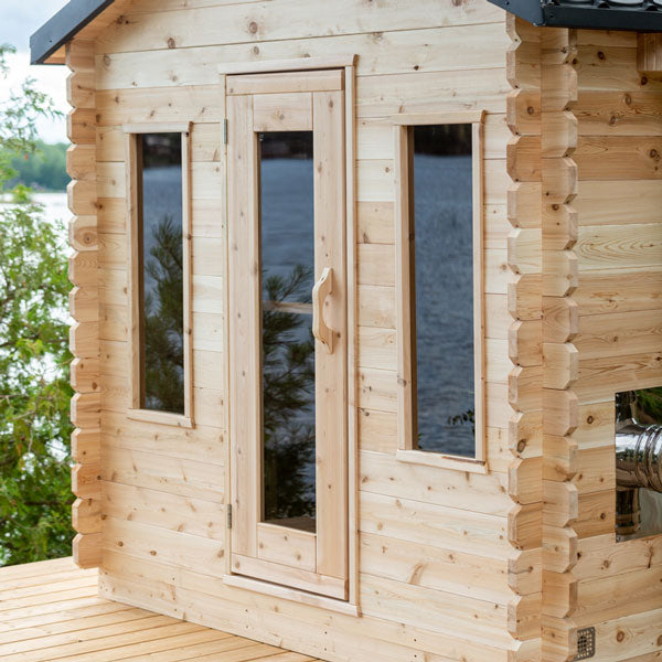 CT Georgian Cabin Sauna — dovetail corner joinery detail, premium Eastern White Cedar