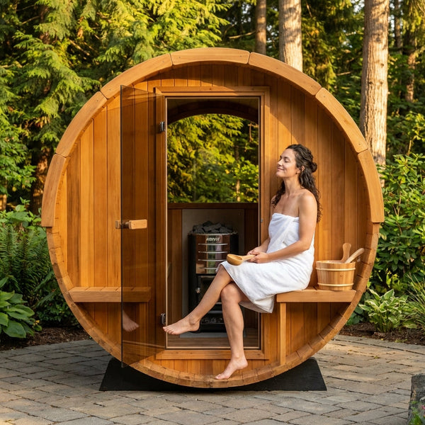 Outdoor Barrel Sauna Built for Wellness Retreats, 2-Person Steam, 72x47 Cedar, 240V Electric Heater