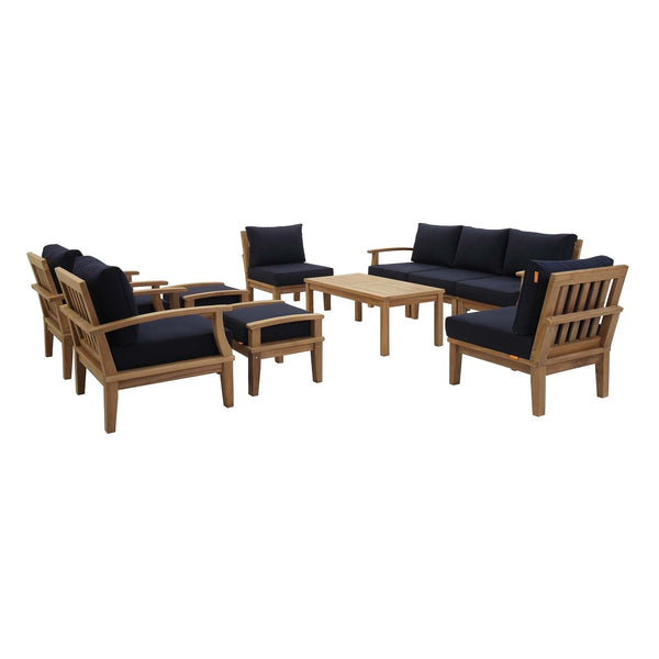 Marina 10-Piece Outdoor Teak Dining Set with Navy Cushions