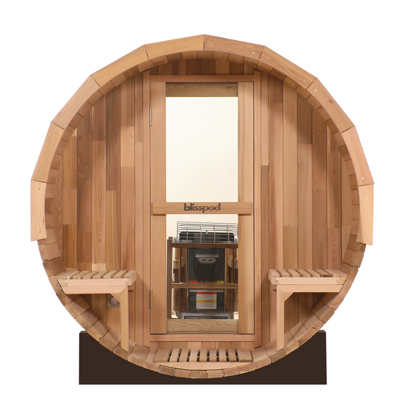 Blisspod Prague Canadian Red Cedar Outdoor Steam Barrel Sauna | Full Glass Back & 2 Porch Seats