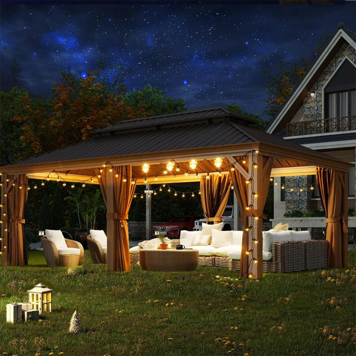 Alora 12x20 Ft Premium Aluminum Hardtop Gazebo with Netting and Privacy Curtains
