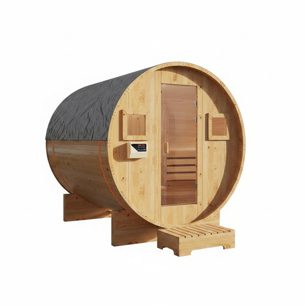 Outdoor Traditional Barrel Sauna | 4-6 Person Wood Sauna, Steam and Wet Sauna with 220V with 6KW Electric Heater, Sauna Stone
