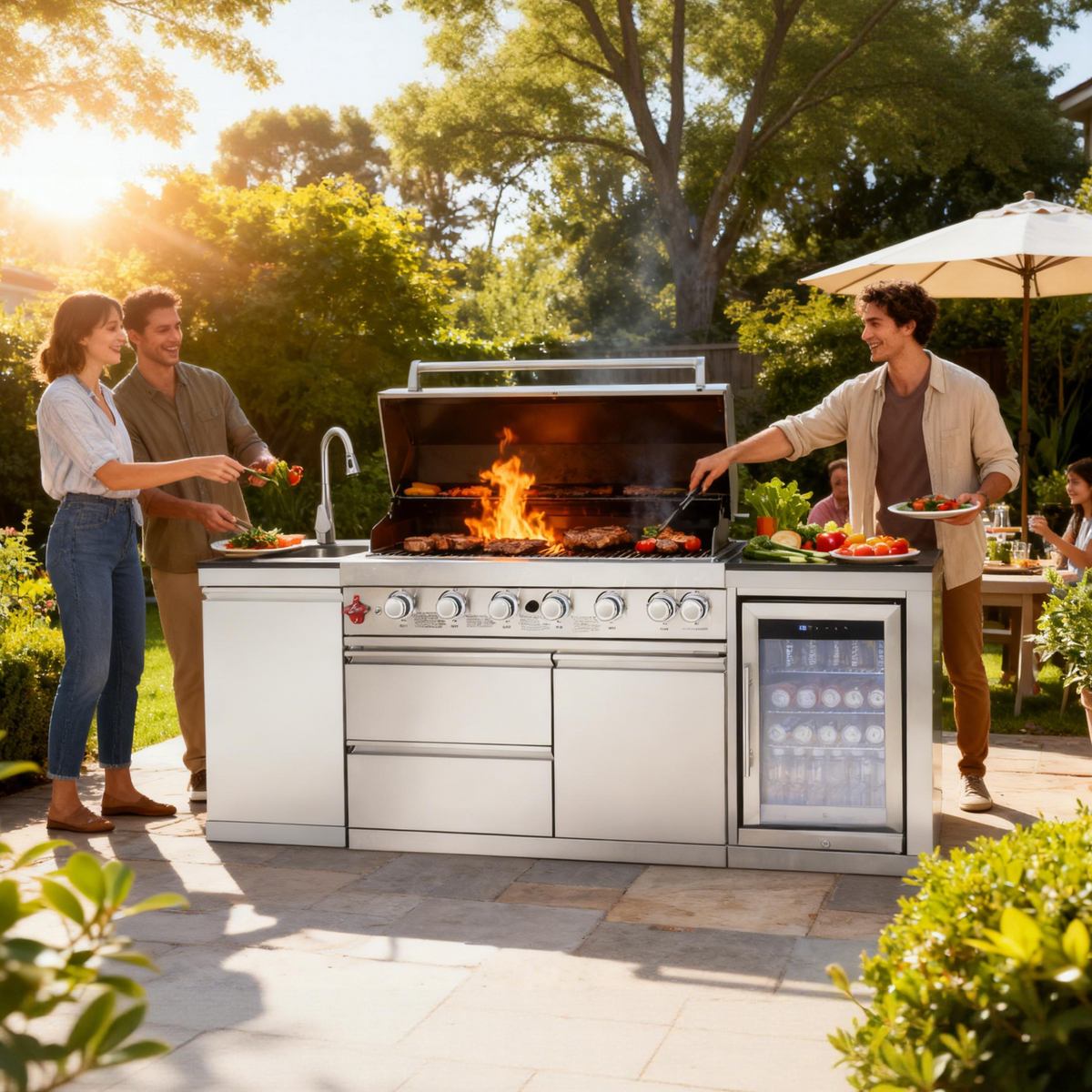 Outdoor Kitchen Island 82.5-Inch 6-Burner Propane Gas BBQ Grill with Refrigerator