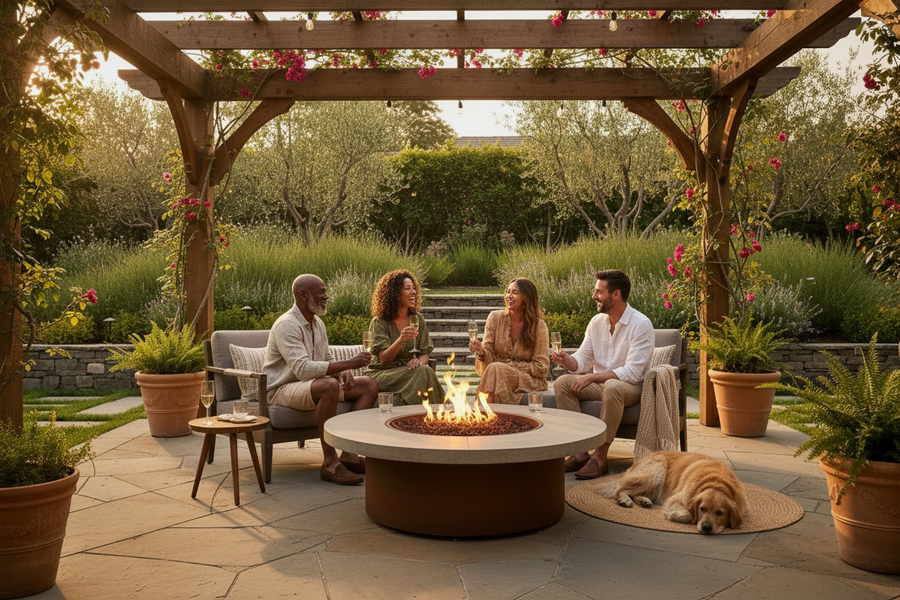 Diverse group around fire pit at golden hour