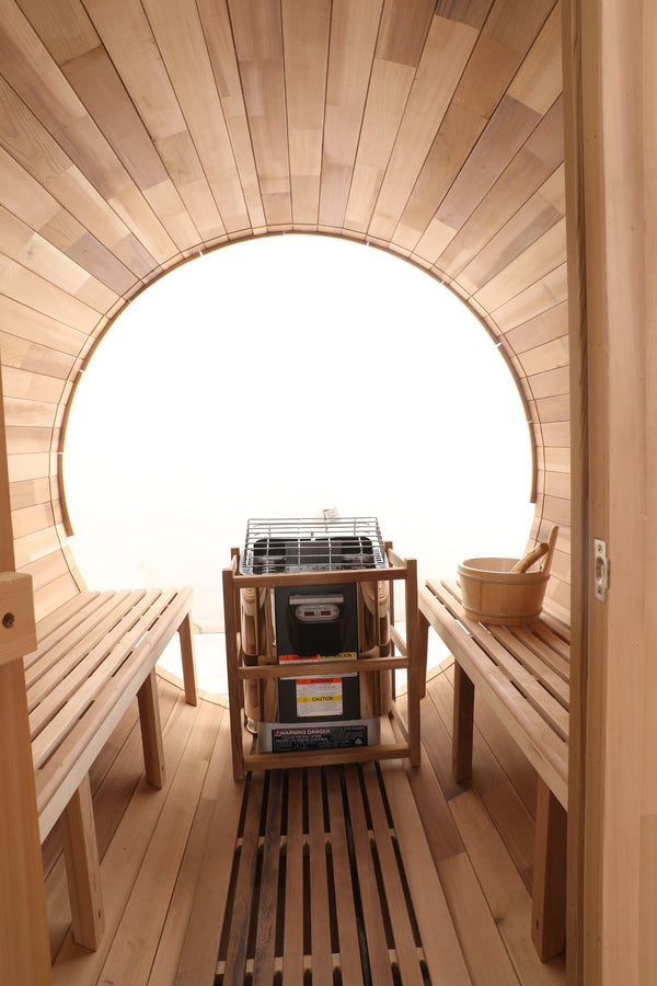 Blisspod Prague Canadian Red Cedar Outdoor Steam Barrel Sauna | Full Glass Back & 2 Porch Seats