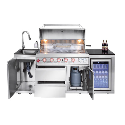 Outdoor Kitchen Island 82.5-Inch 6-Burner Propane Gas BBQ Grill with Refrigerator