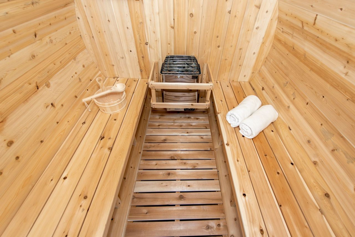 CT Harmony Barrel Sauna interior bench and floor view