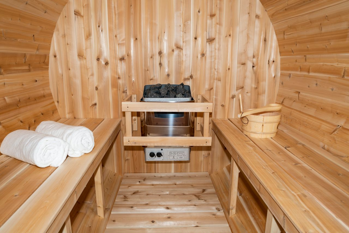 CT Serenity Barrel Sauna front view in garden setting