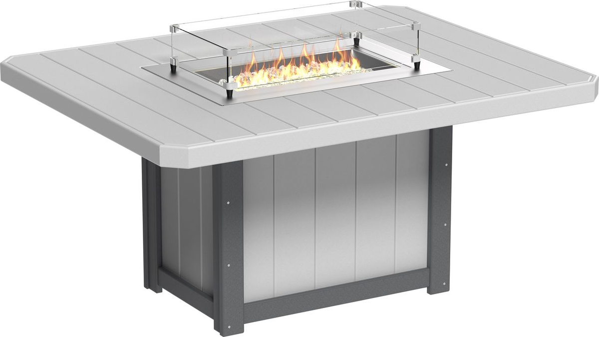 LFT62R Lumin Fire Table 62 inch Rectangular - lifestyle view with bar stools on patio