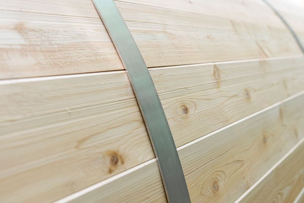 CT Tranquility Barrel Sauna cedar plank and stainless steel band detail