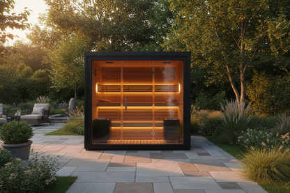 6-Person black cedar outdoor sauna with warm amber glow through glass panels, natural stone patio at golden hour