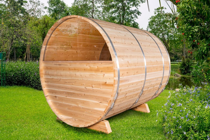 CT Serenity MP Barrel Sauna exterior rear view by pond