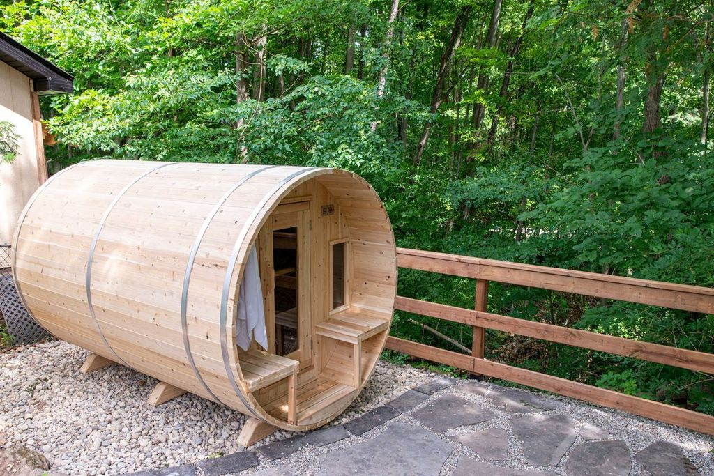 CT Tranquility Barrel Sauna aerial exterior view on gravel patio