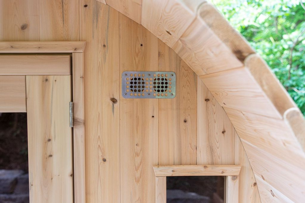 CT Tranquility Barrel Sauna exterior ventilation panel detail