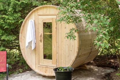 CT Harmony Barrel Sauna exterior side view in garden setting